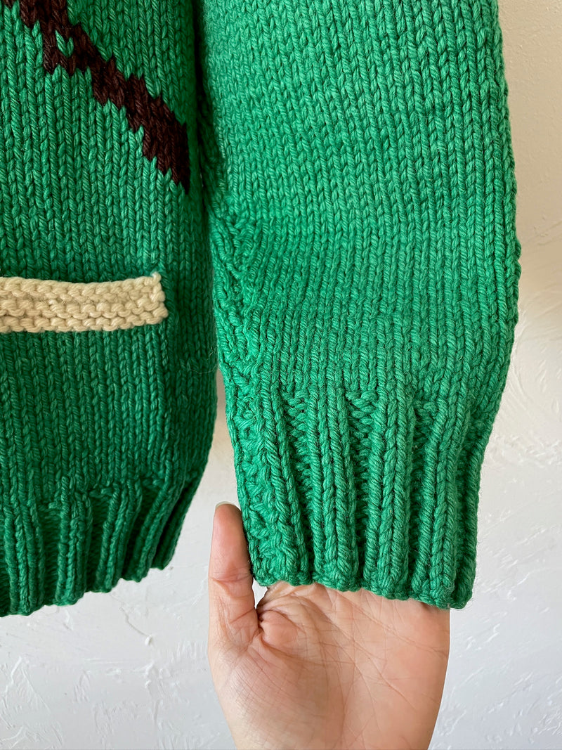 Vintage Handknit Green Hunting Dogs Zip-Up Cardigan Sweater M