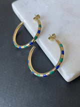 Vintage 18k Gold Earrings with Malachite & Lapis Lazuli Inlay