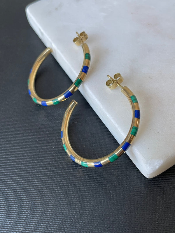 Vintage 18k Gold Earrings with Malachite & Lapis Lazuli Inlay