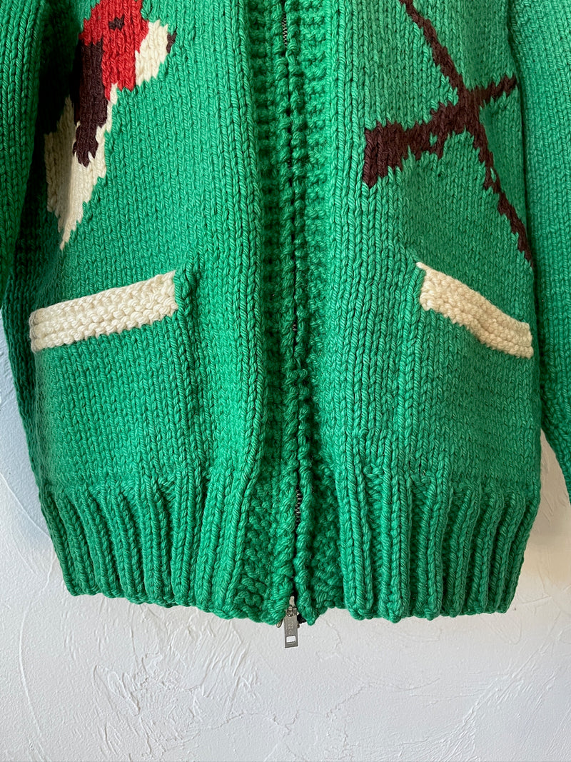 Vintage Handknit Green Hunting Dogs Zip-Up Cardigan Sweater M