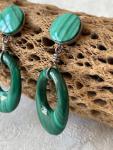 Vintage Malachite & Sterling Silver Oval Dangle Earrings