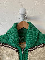 Vintage Handknit Green Hunting Dogs Zip-Up Cardigan Sweater M