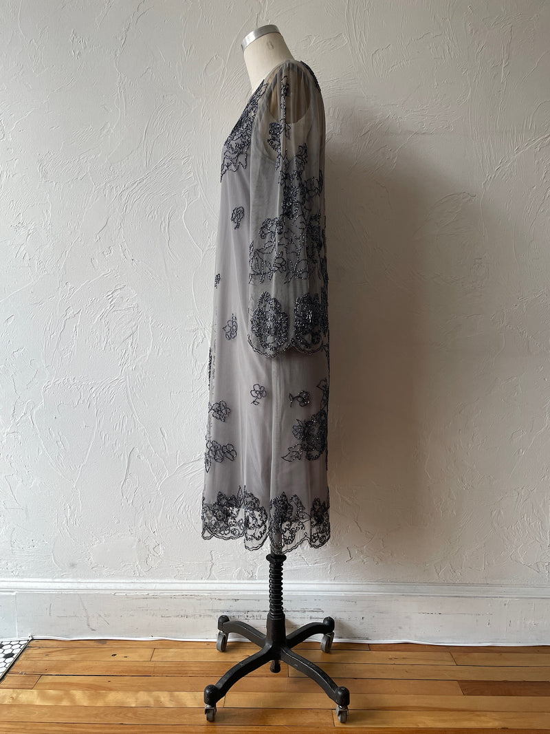 Vintage Silvery Grey Mesh Dress with Floral Beading S/M