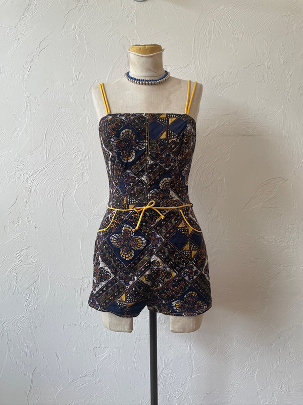 Vintage Catalina Batik Navy Yellow & Brown Strapless Romper S - We Thieves