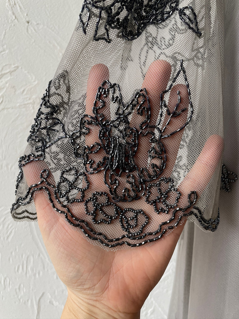 Vintage Silvery Grey Mesh Dress with Floral Beading S/M