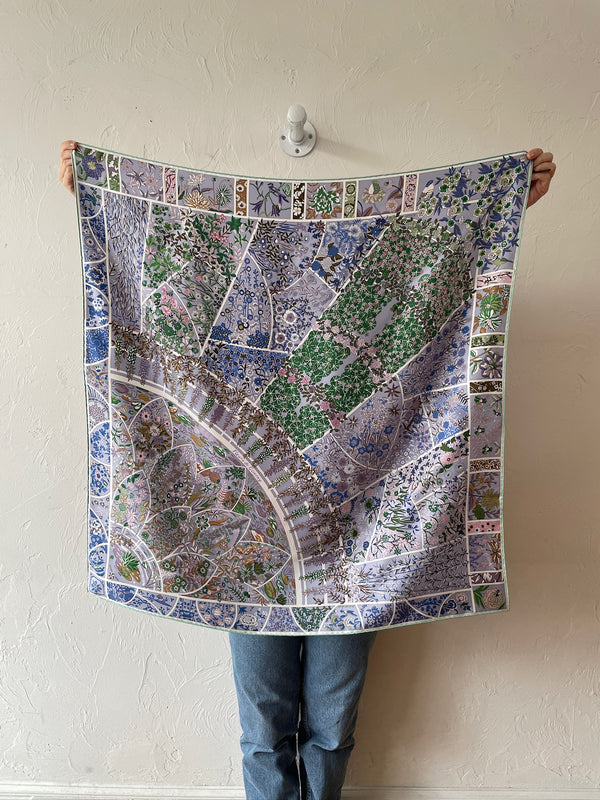 Vintage Hermes Violet & Green Fleurs De Giverny Silk Scarf