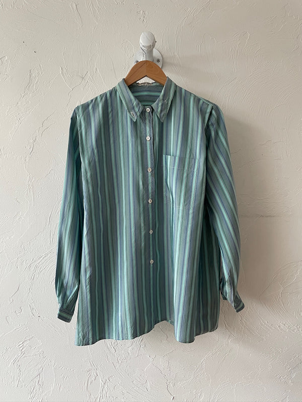 Vintage Armani Aqua & Teal Vertical Striped Silk Blouse Size 40