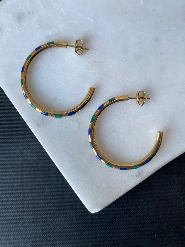 Vintage 18k Gold Earrings with Malachite & Lapis Lazuli Inlay