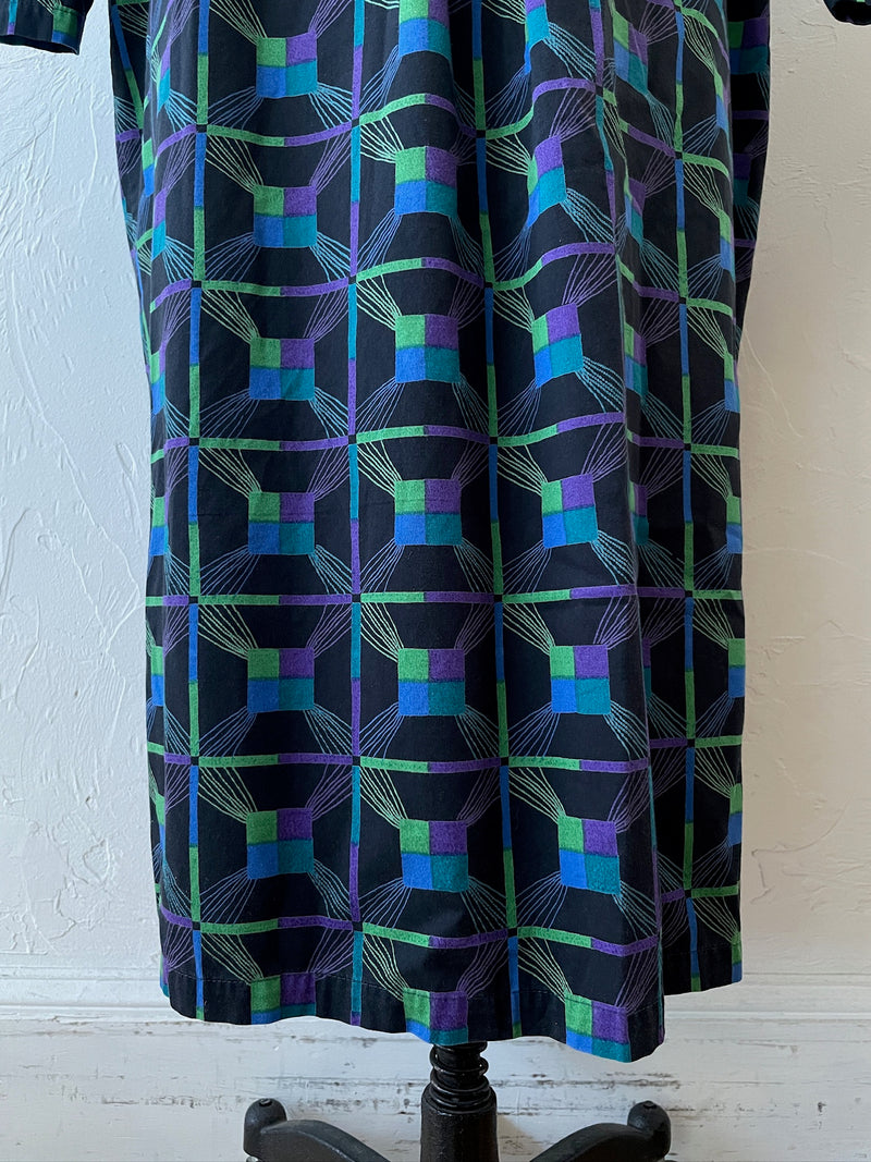 Vintage Marimekko Black & Jewel Tone Print Cotton Dress M/L