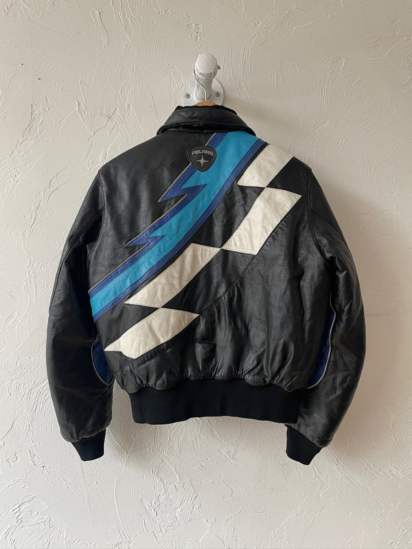 Vintage Polaris Black Leather Racing Jacket with Quilted Lining S