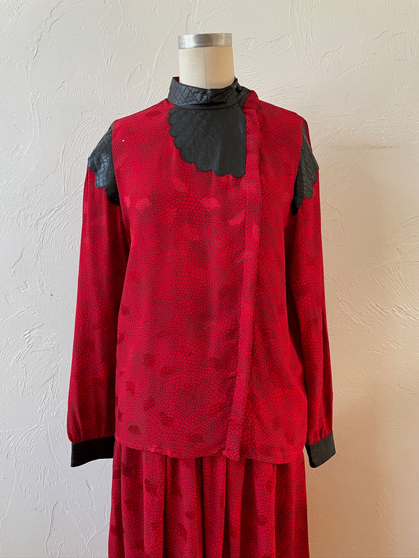 Vintage 1980s Red Patterned Silk and Black Pleather Blouse S - We Thieves