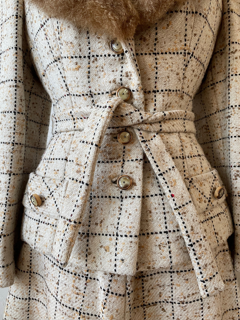 Vintage 60s Lilli Ann Windowpane Tweed Wool Blazer/Jacket with Fur Collar M
