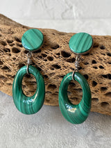 Vintage Malachite & Sterling Silver Oval Dangle Earrings
