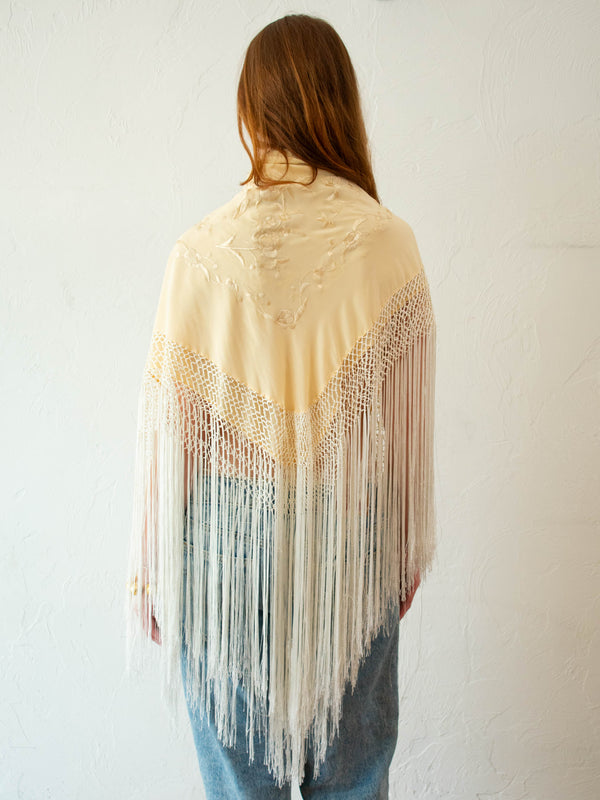 Vintage Embroidered Champagne Silk Piano Shawl - We Thieves