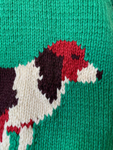 Vintage Handknit Green Hunting Dogs Zip-Up Cardigan Sweater M