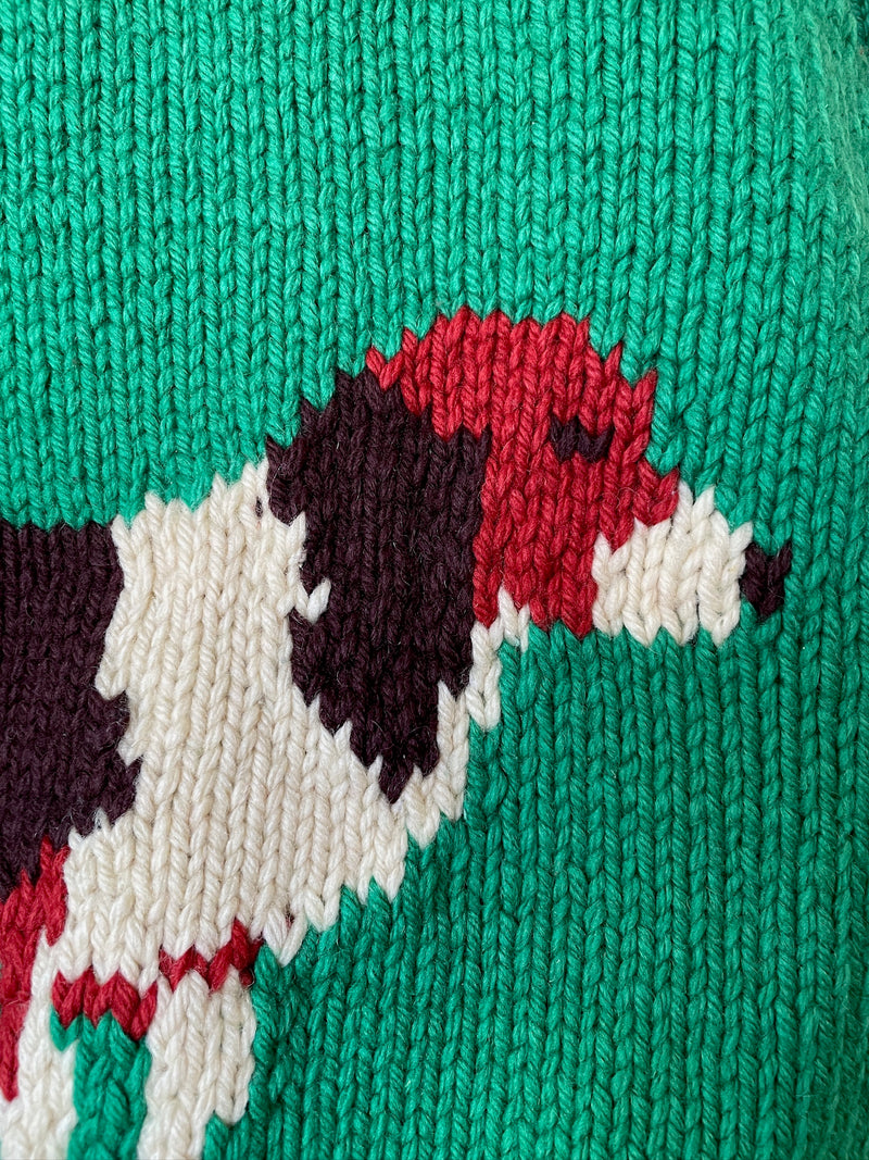 Vintage Handknit Green Hunting Dogs Zip-Up Cardigan Sweater M