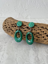 Vintage Malachite & Sterling Silver Oval Dangle Earrings