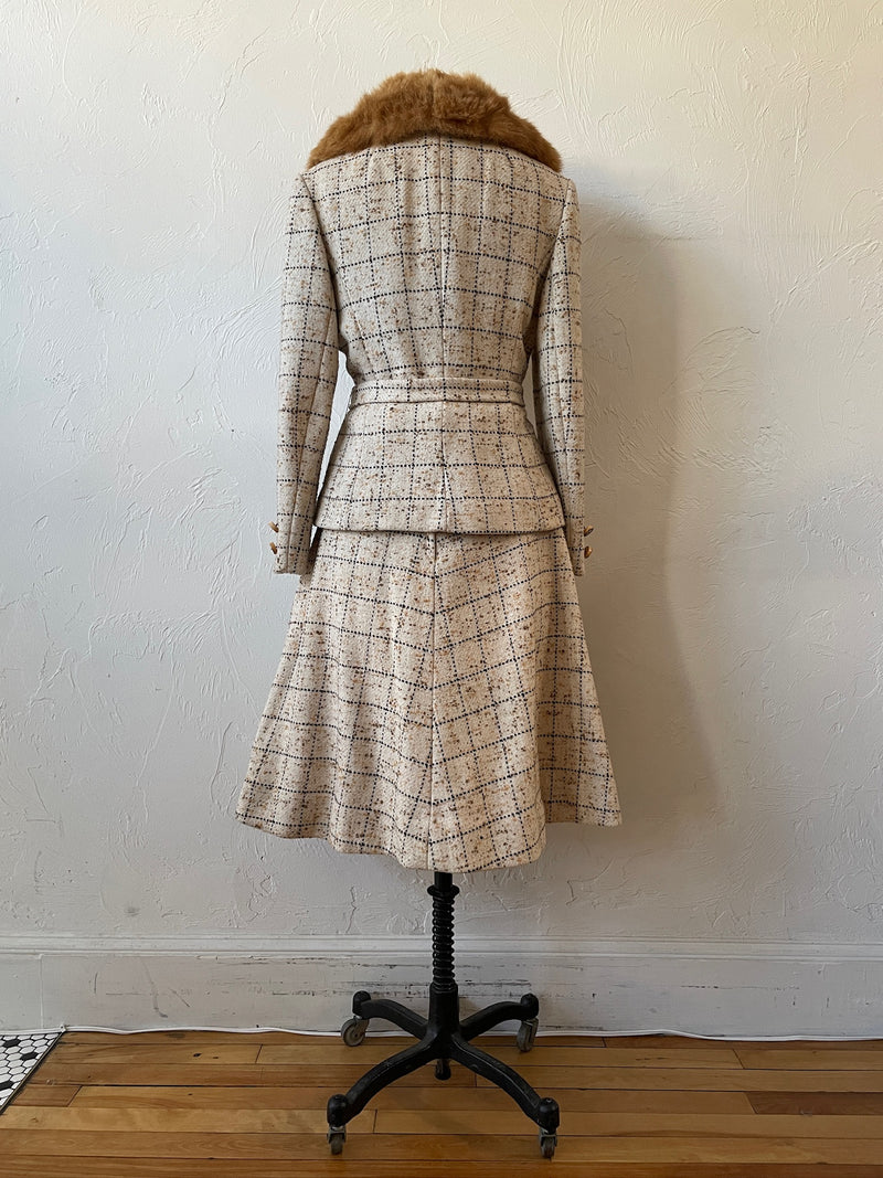 Vintage 60s Lilli Ann Windowpane Tweed Wool Blazer/Jacket with Fur Collar M