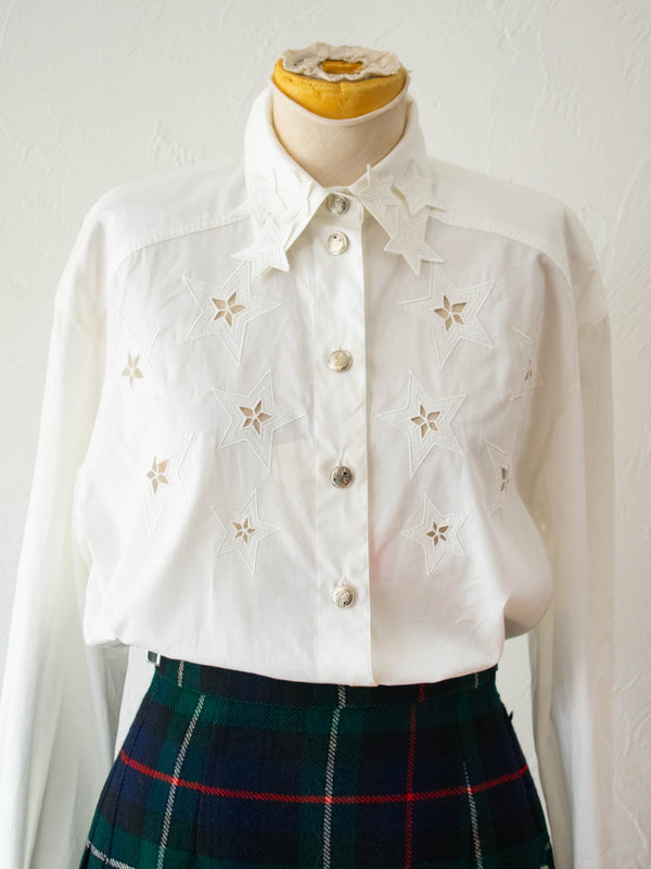 Vintage 90s Escada White Cotton Stars Button Down Shirt S/M - We Thieves