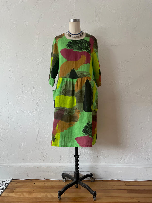 Vintage Puro Lino Bright Green Brushstroke Pattern Midi Dress M/L - We Thieves