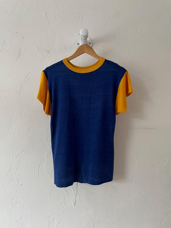 Vintage 1970s Blue and Yellow Thrashed Ringer T-Shirt S/M - We Thieves