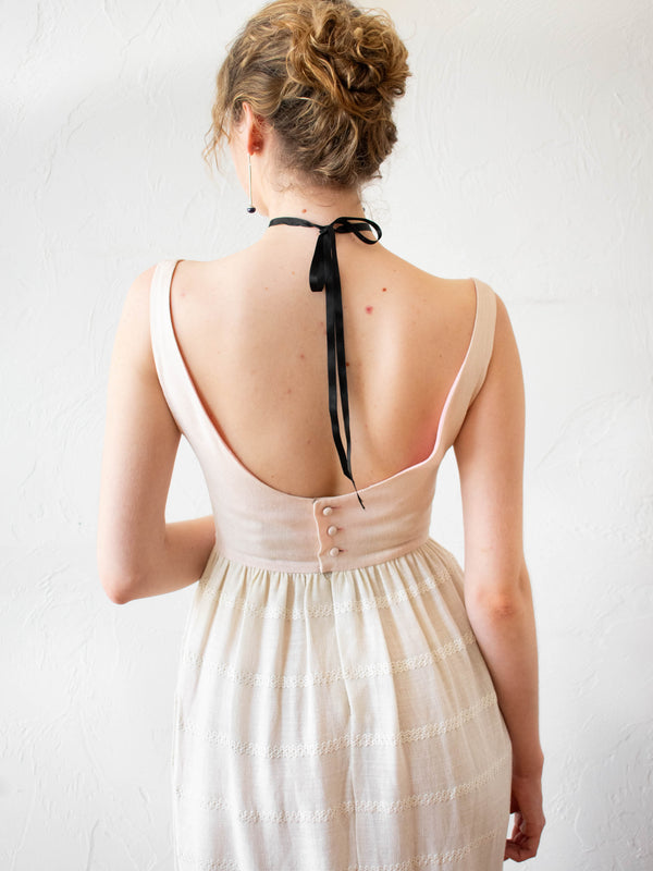Vintage Austrian Lanz Pink + White Linen Embroidered Woven Dress XS