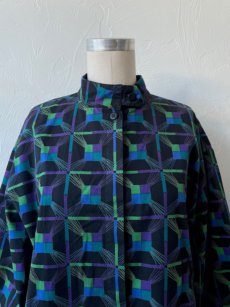 Vintage Marimekko Black & Jewel Tone Print Cotton Dress M/L