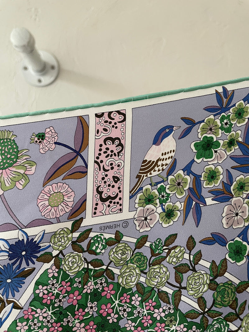 Vintage Hermes Violet & Green Fleurs De Giverny Silk Scarf