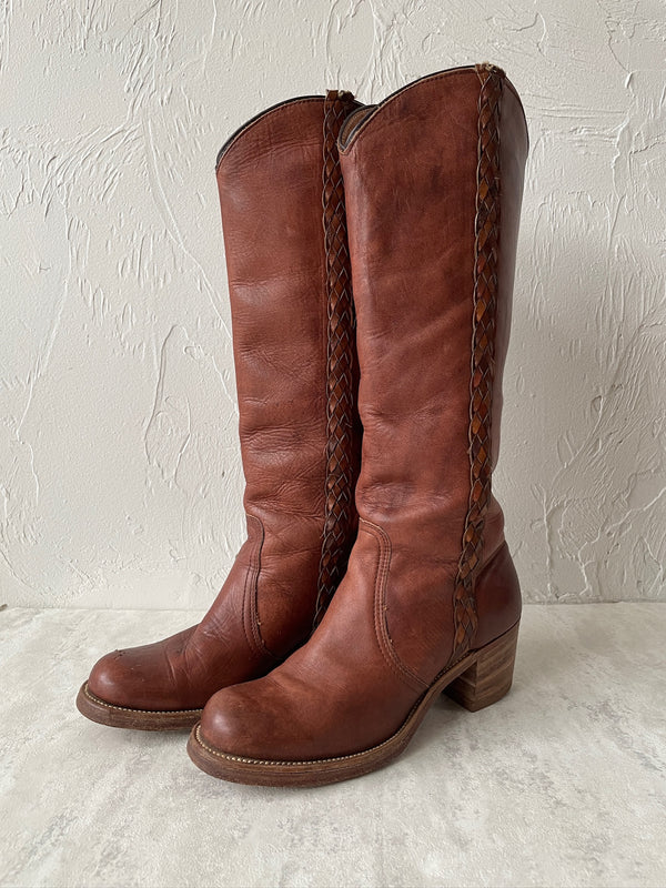 Vintage Frye Cognac Braided Leather Campus Boots Size 8 - We Thieves