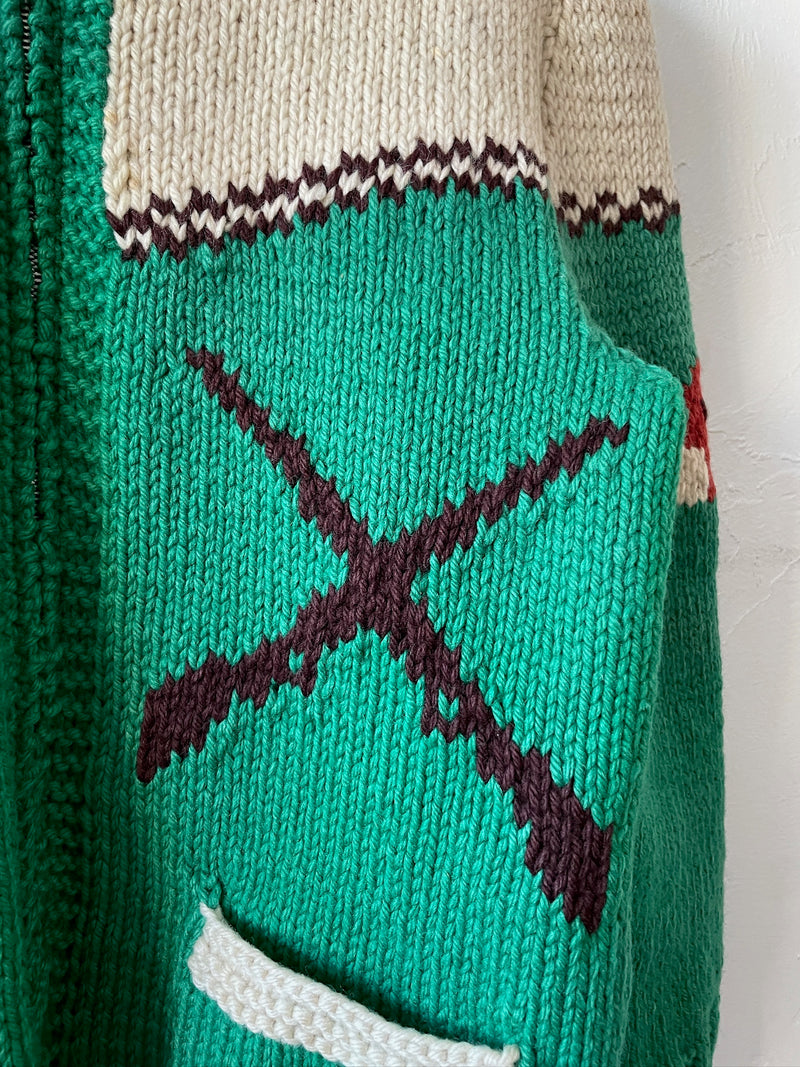 Vintage Handknit Green Hunting Dogs Zip-Up Cardigan Sweater M