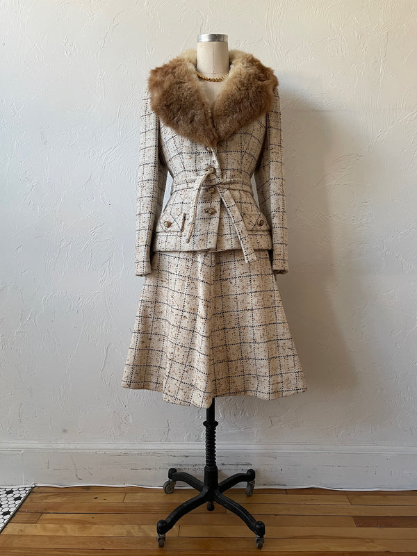 Vintage 60s Lilli Ann Windowpane Tweed Wool Blazer/Jacket with Fur Collar M