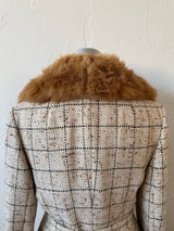 Vintage 60s Lilli Ann Windowpane Tweed Wool Blazer/Jacket with Fur Collar M