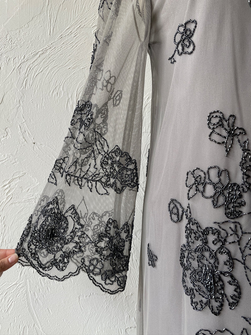 Vintage Silvery Grey Mesh Dress with Floral Beading S/M