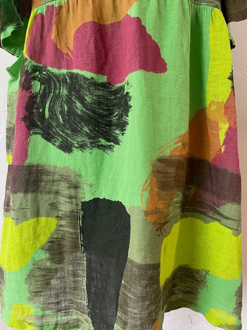 Vintage Puro Lino Bright Green Brushstroke Pattern Midi Dress M/L - We Thieves