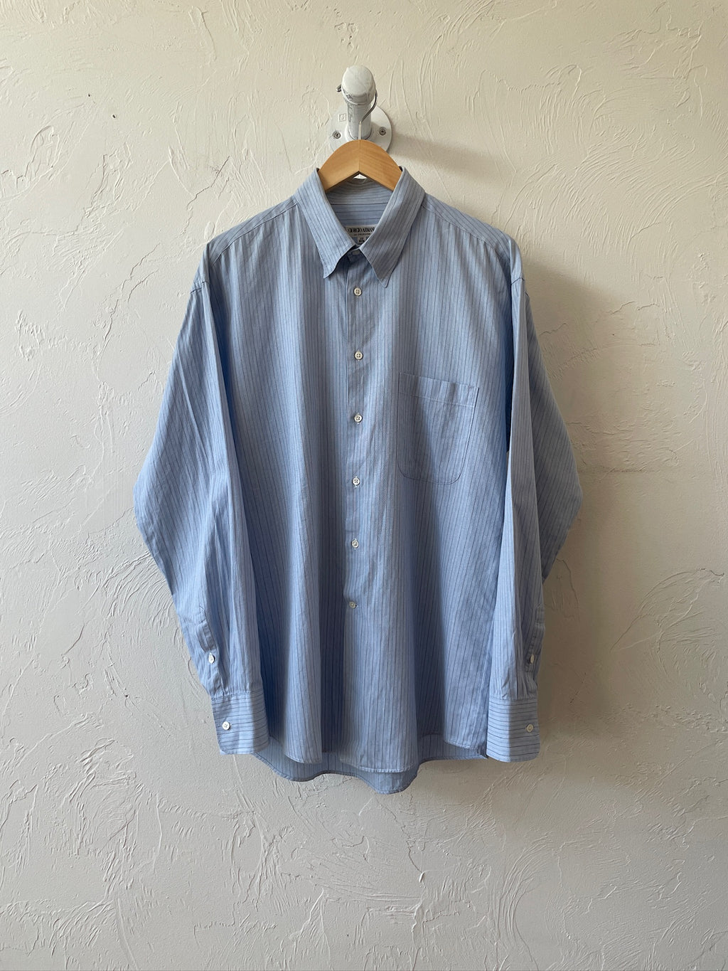 Vintage 90s Armani Light Blue Striped Button Down Shirt L