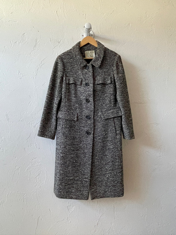 Vintage 60s Jane Justin Black & White Woven Wool Coat M