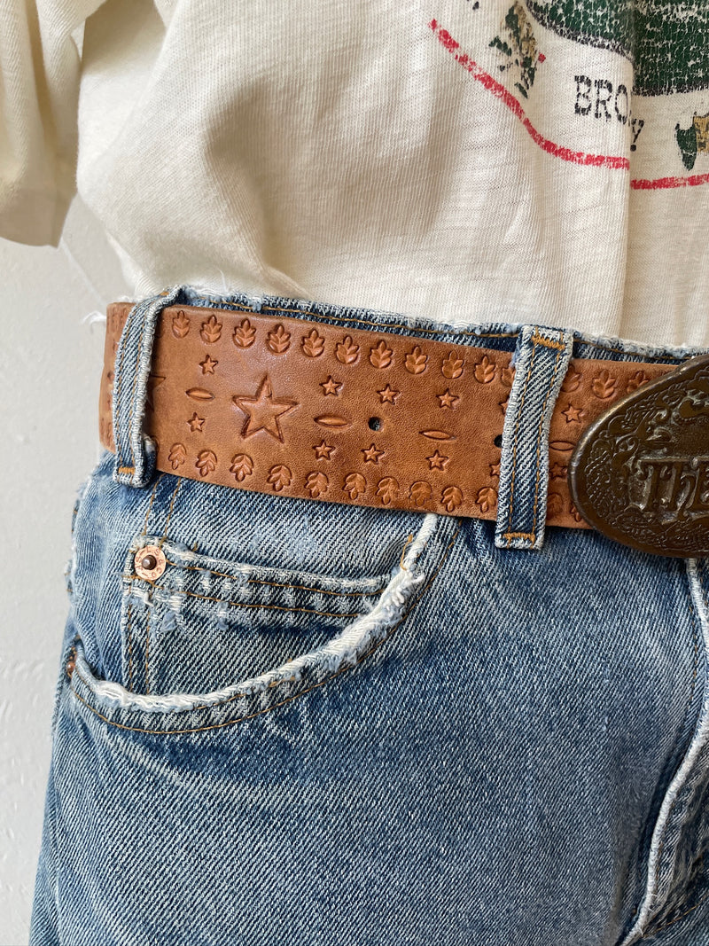 Vintage Tooled Leather Belt with THE WHO Band Brass Buckle M/L - We Thieves