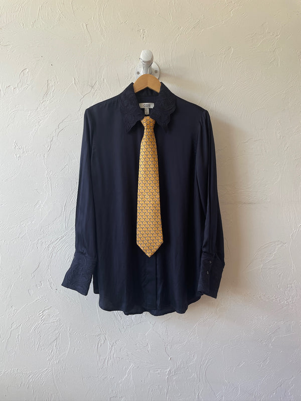 Pre-loved COS Navy Blouse with Embroidered Collar L - We Thieves