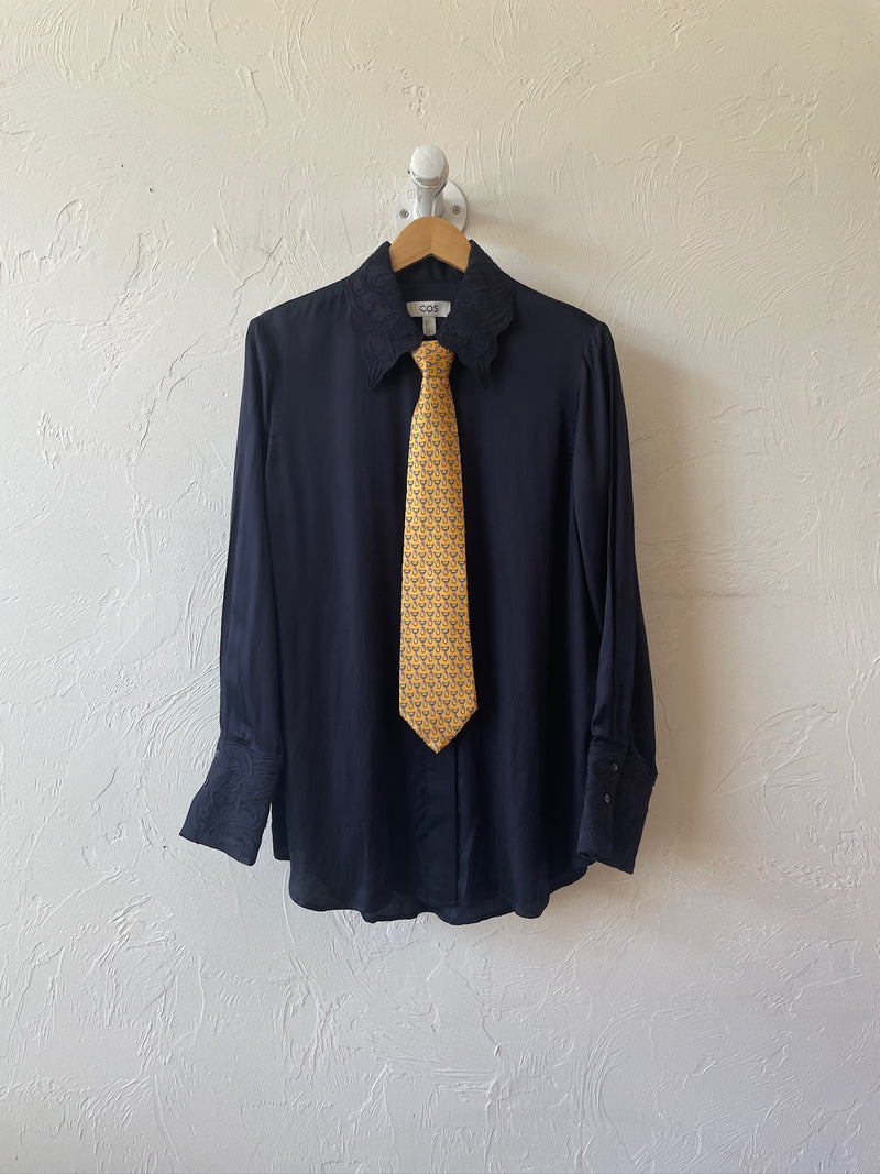 Pre-loved COS Navy Blouse with Embroidered Collar L - We Thieves