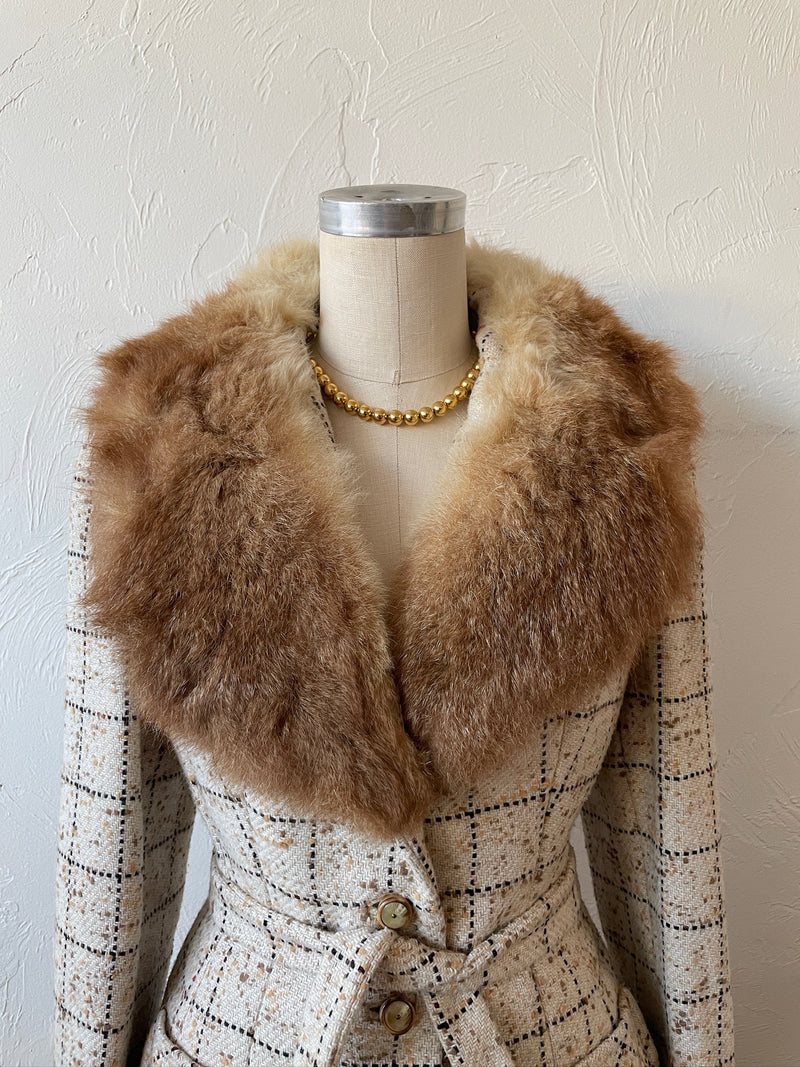 Vintage 60s Lilli Ann Windowpane Tweed Wool Blazer/Jacket with Fur Collar M