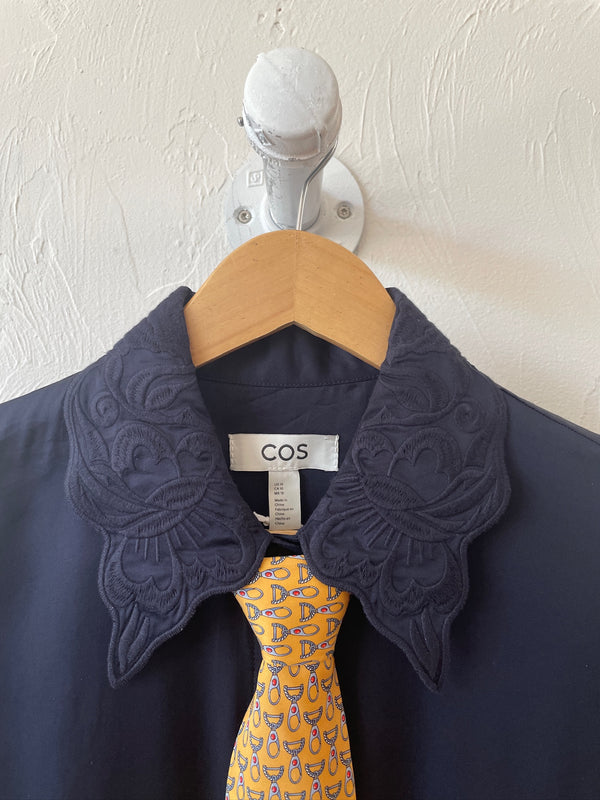 Pre-loved COS Navy Blouse with Embroidered Collar L - We Thieves