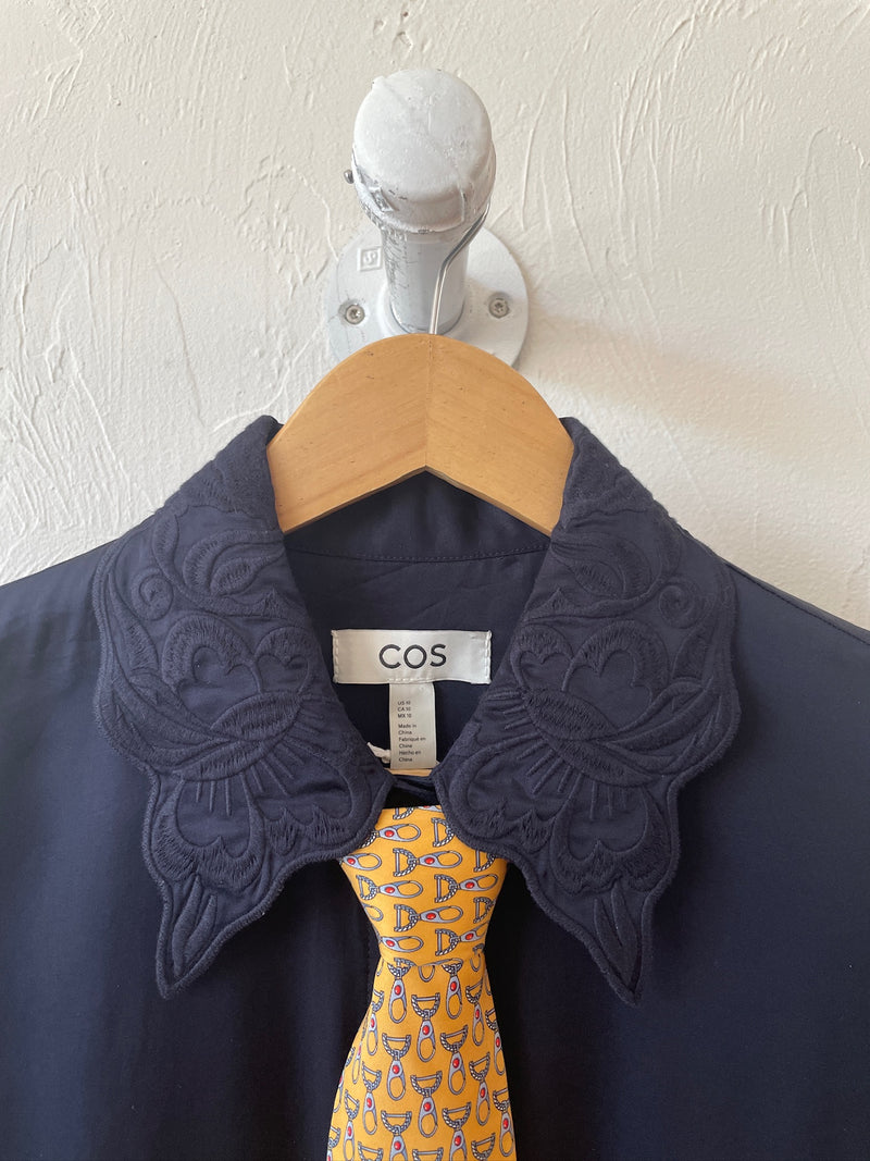 Pre-loved COS Navy Blouse with Embroidered Collar L - We Thieves