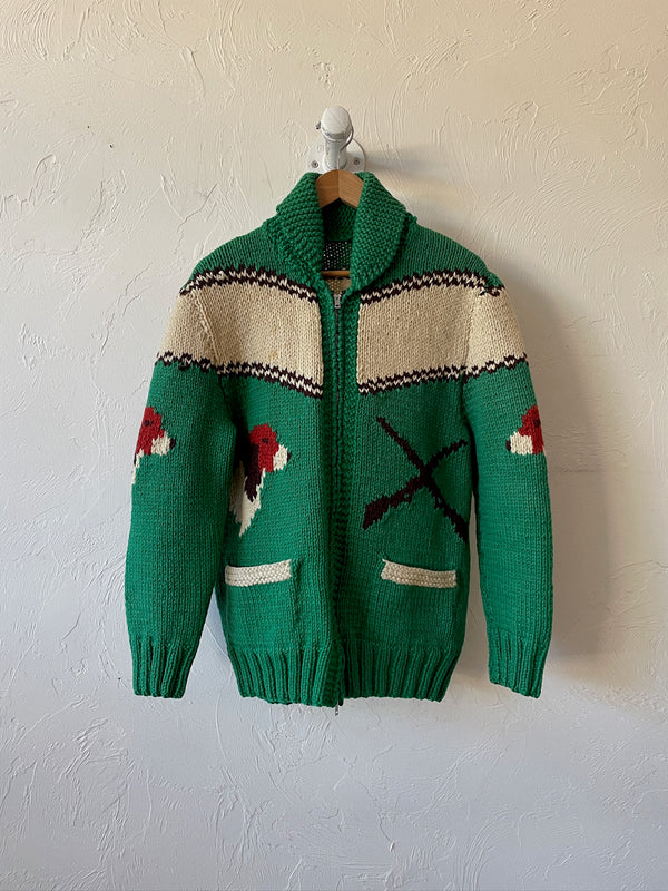 Vintage Handknit Green Hunting Dogs Zip-Up Cardigan Sweater M