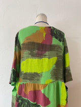 Vintage Puro Lino Bright Green Brushstroke Pattern Midi Dress M/L - We Thieves