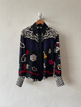 Vintage Ellen Tracy Black Silk Chinoiserie Graphic Print Blouse L - We Thieves