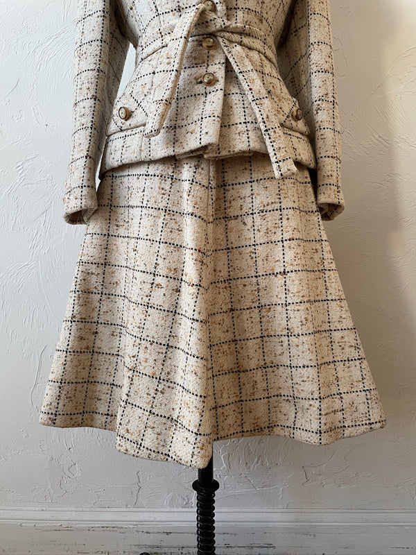 Vintage 60s Lilli Ann Windowpane Tweed Wool A-Line Skirt M