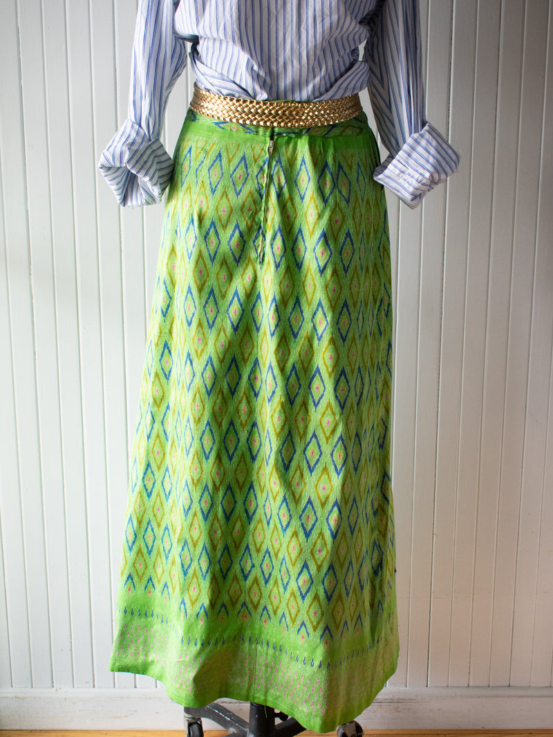 Vintage Ikat Green Silk Maxi Skirt 28" Waist - We Thieves