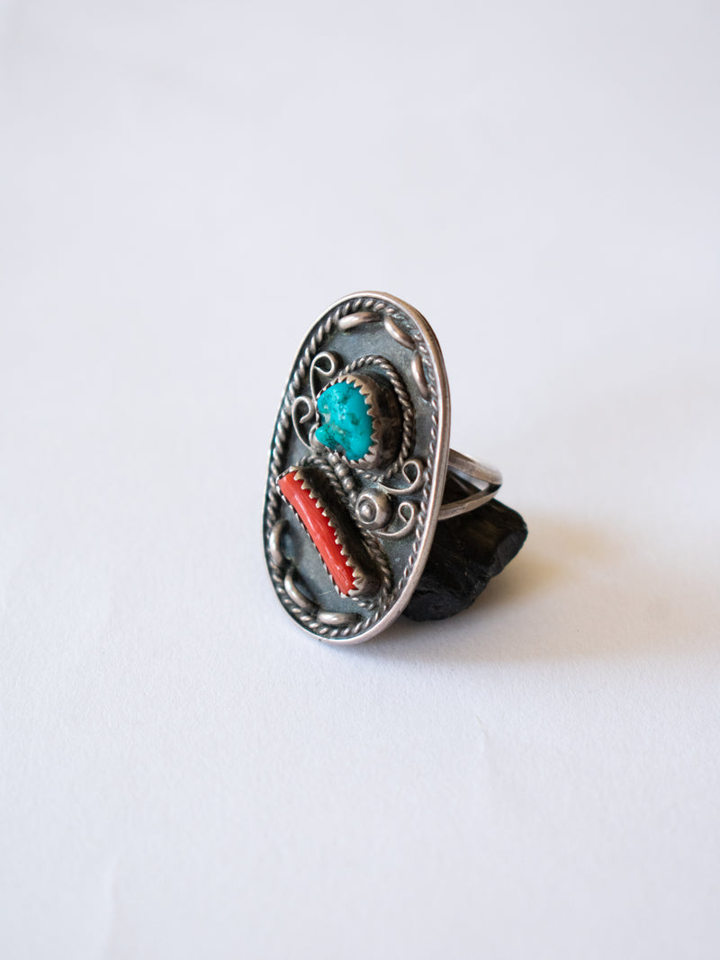 Vintage Native American Coral + Turquoise Sterling Ring Size 7 - We Thieves